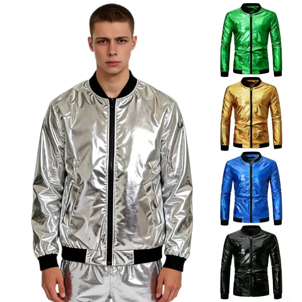 

Men Coat Stand-Up Collar Threaded Cuffs Long Sleeve Jacket Coat Golden Stamping Shiny Outerwear Versatile Spring Autumn Casual W