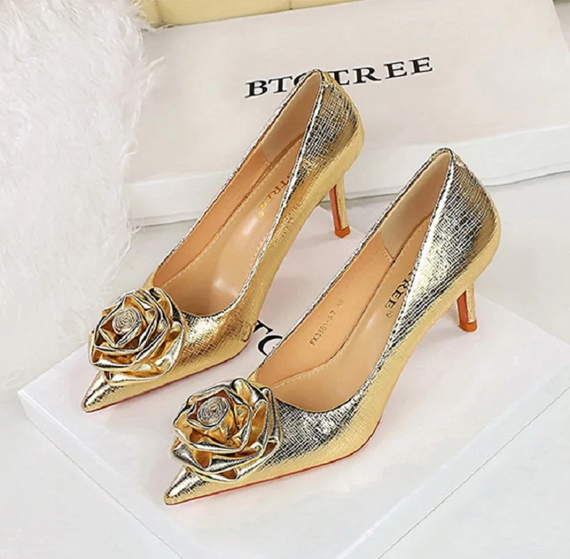 BIGTREE Patent Leather Flowers Women Pumps Sexy Pointed Toe Thin Low Heels Wedding Elegant Party Shoes Zapatos Mujer