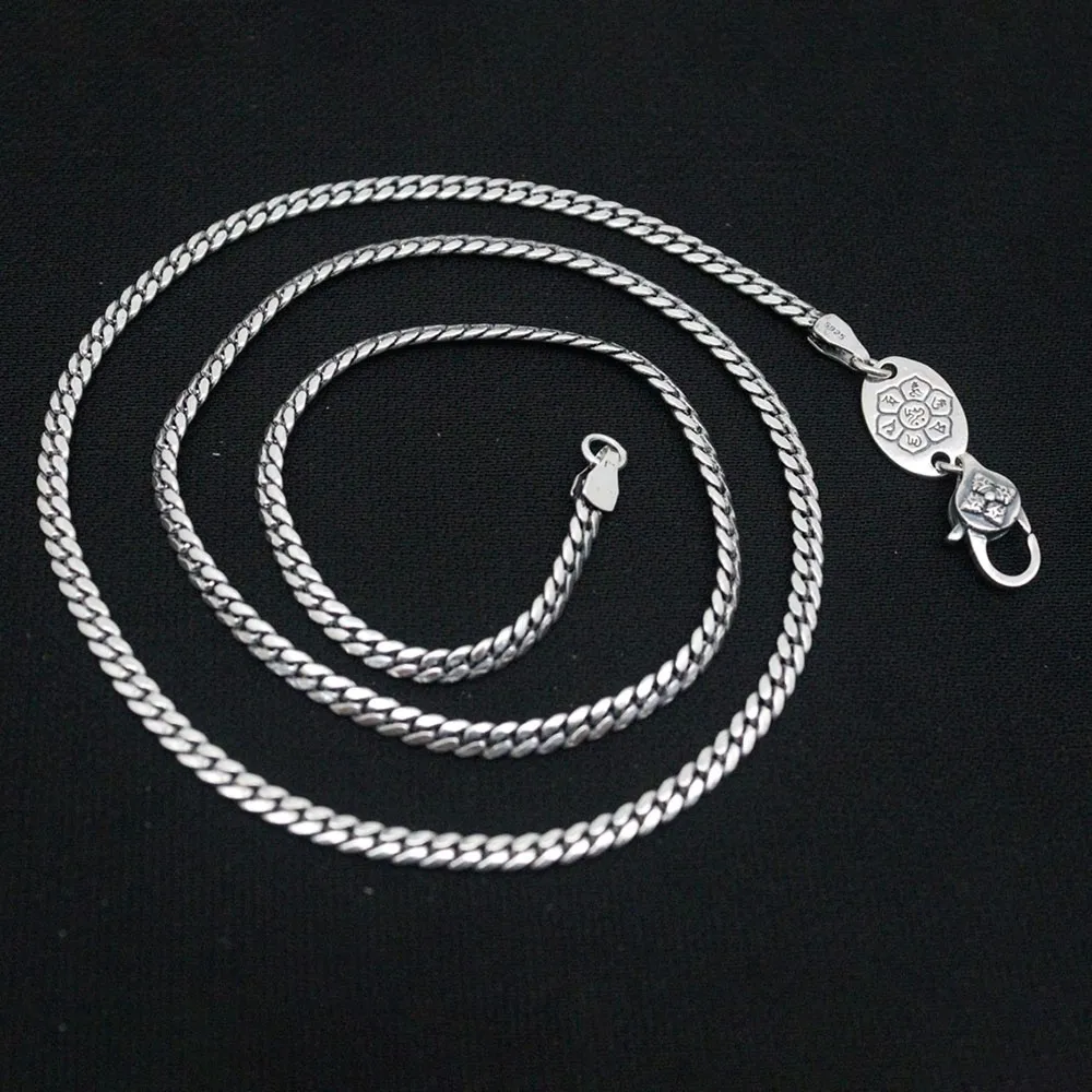 

Real Solid 925 Sterling Silver Chain Men Lucky Mantra 3mm Curb Link Necklace 16-17g/55cm