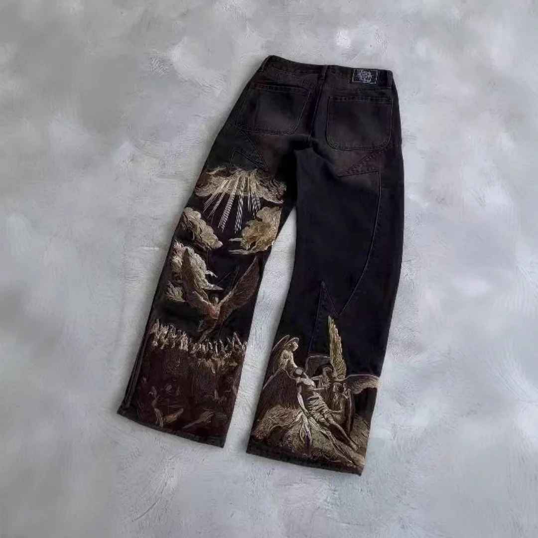 

Men's Trendy Y2K Baggy Jeans Harajuku Vintage Bat Graphic Print Loose Slouchy Street Style Denim Trousers