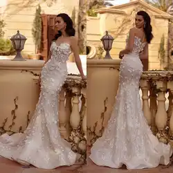 3D Lace Mermaid Gown Wedding Dresses Appliques Flowers Floor Length Bridal Gowns Big Size Vestidos De Novia Colour Customized