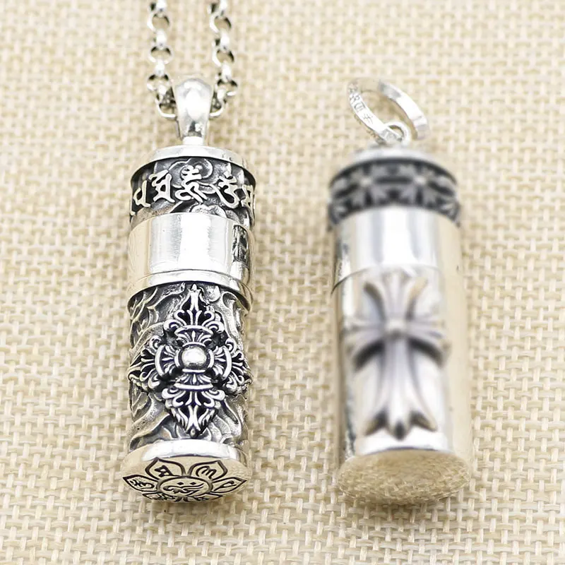 

S925 sterling silver retro distressed six character truth pendant Thai silver creative diamond pestle retro fashion pendant for