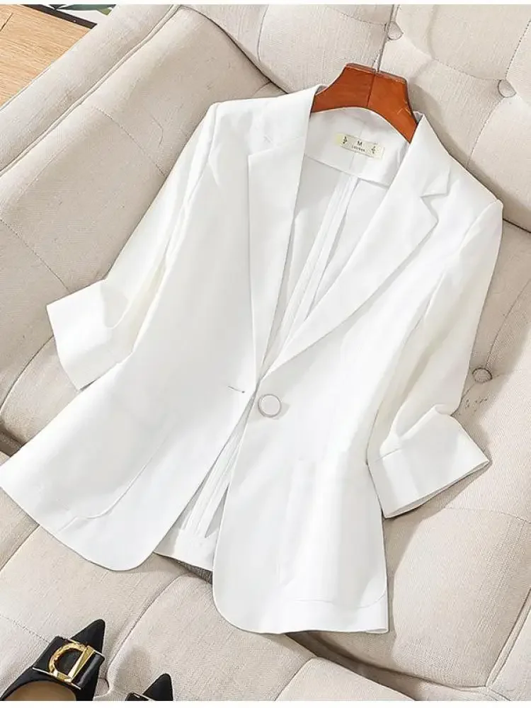 Spring Summer Fashion White Beige Slim Cardigan Temperament Professional Seven-point Sleeve Blazer Women Gray Long Sleeved Tops