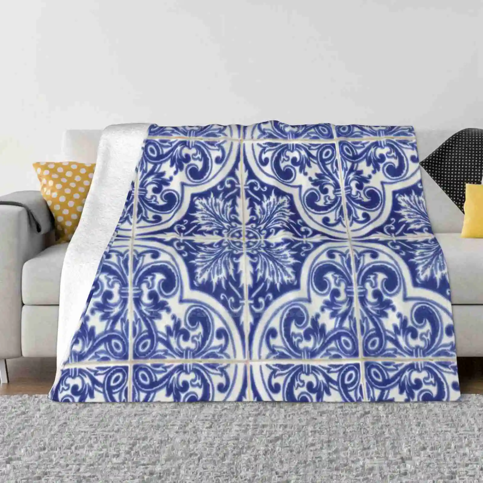 Navy Blue Portuguese Tiles Azulejos Low Price New Print Novelty Fashion Soft Warm Blanket Blue Tiles Samby Portugal Portuguese