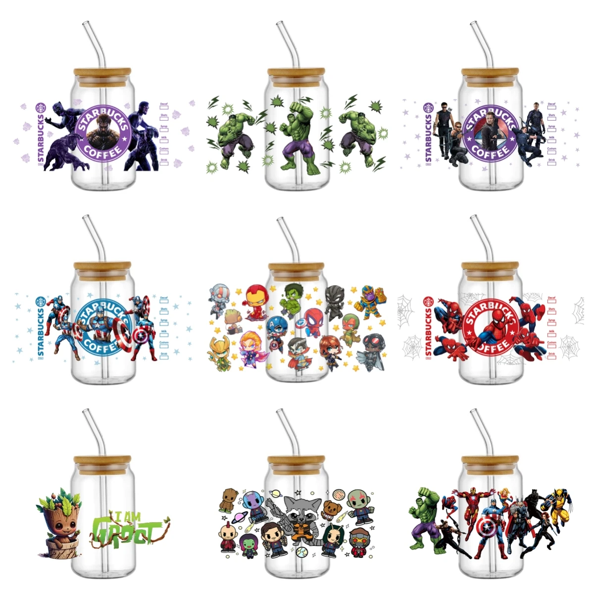 Miniso cartoon hero pattern 16OZ UV DTF Cup Wrap Transfers Sticker Custom Label DIY Waterproof Logo For Libbey Glass Can