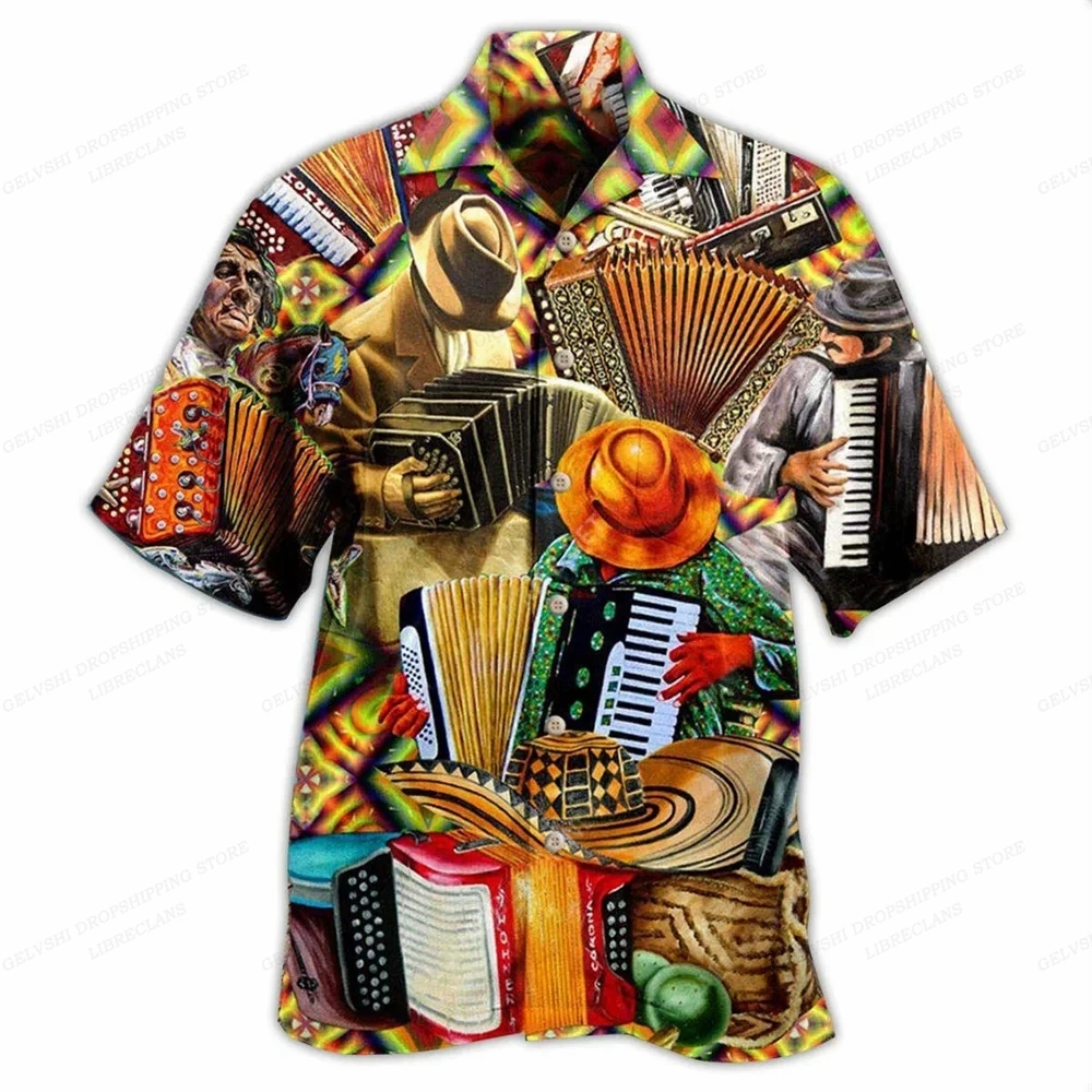 Music Hawaiian Shirt Men Fashion Short Sleeve Casual Shirts Beach Blouse Men\'s Clothing Camping Shirts Vocation Turn Over Collar