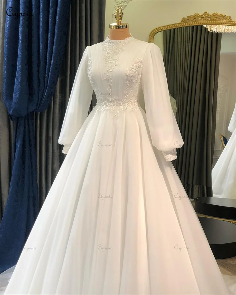 Ciynsia elegante lange Ärmel muslimische Brautkleid Spitze Applikationen plus Größe Brautkleider für Braut High Neck Vestidos de Novia