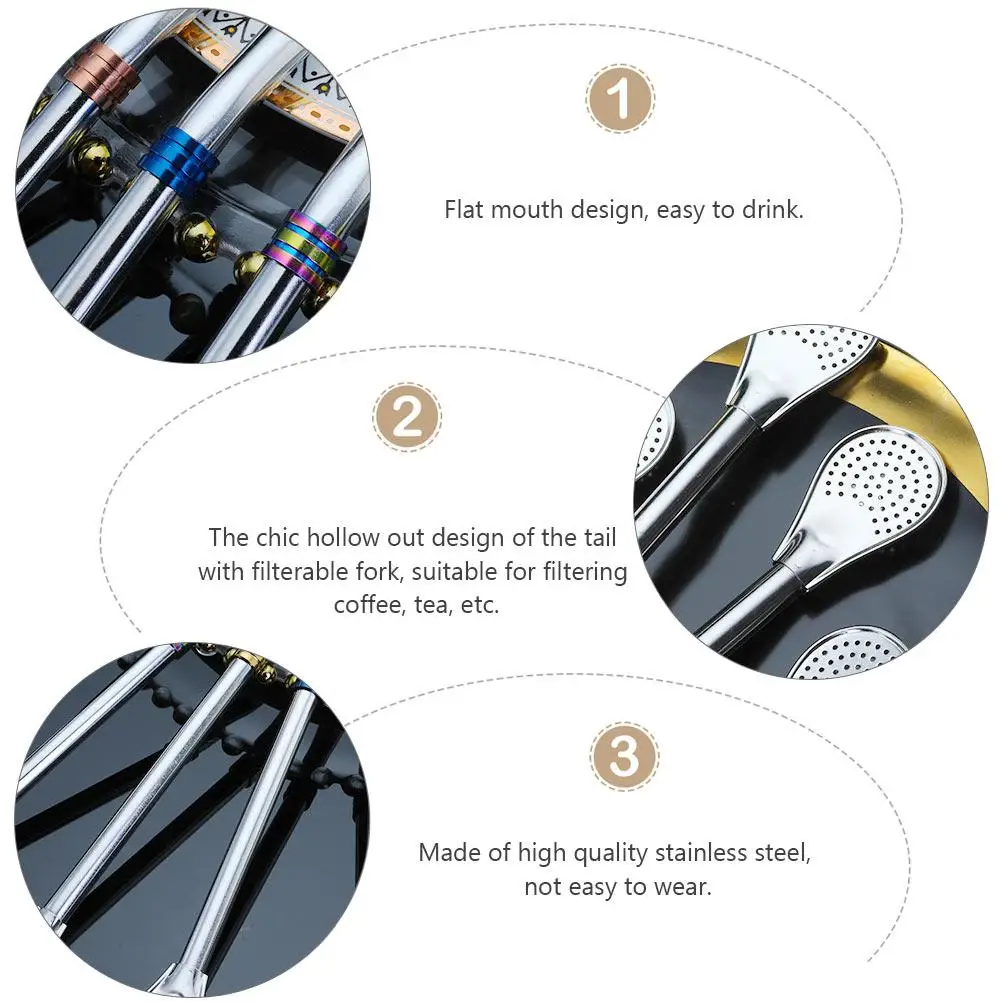 

5 Pcs Stainless Steel Straw Spoon Mixing Stirring and Strainer Metal Cocktail Fine Tea 304 Spoons