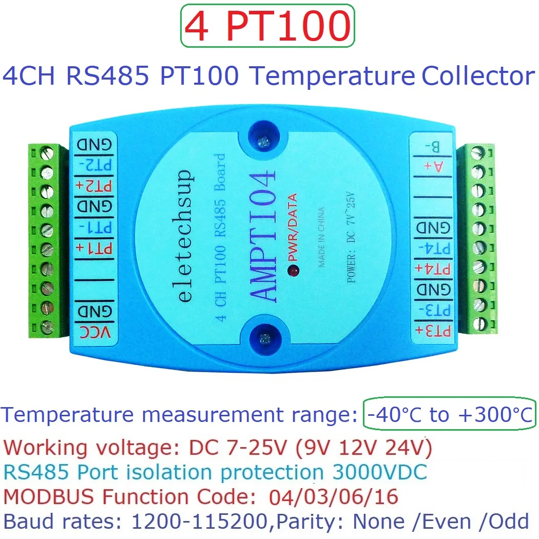 PT100 RTD Temperature Sensor 4CH -40~300 RS485 Analog Read Modbus Celsius Collector Module RTU PLC Expanding Board