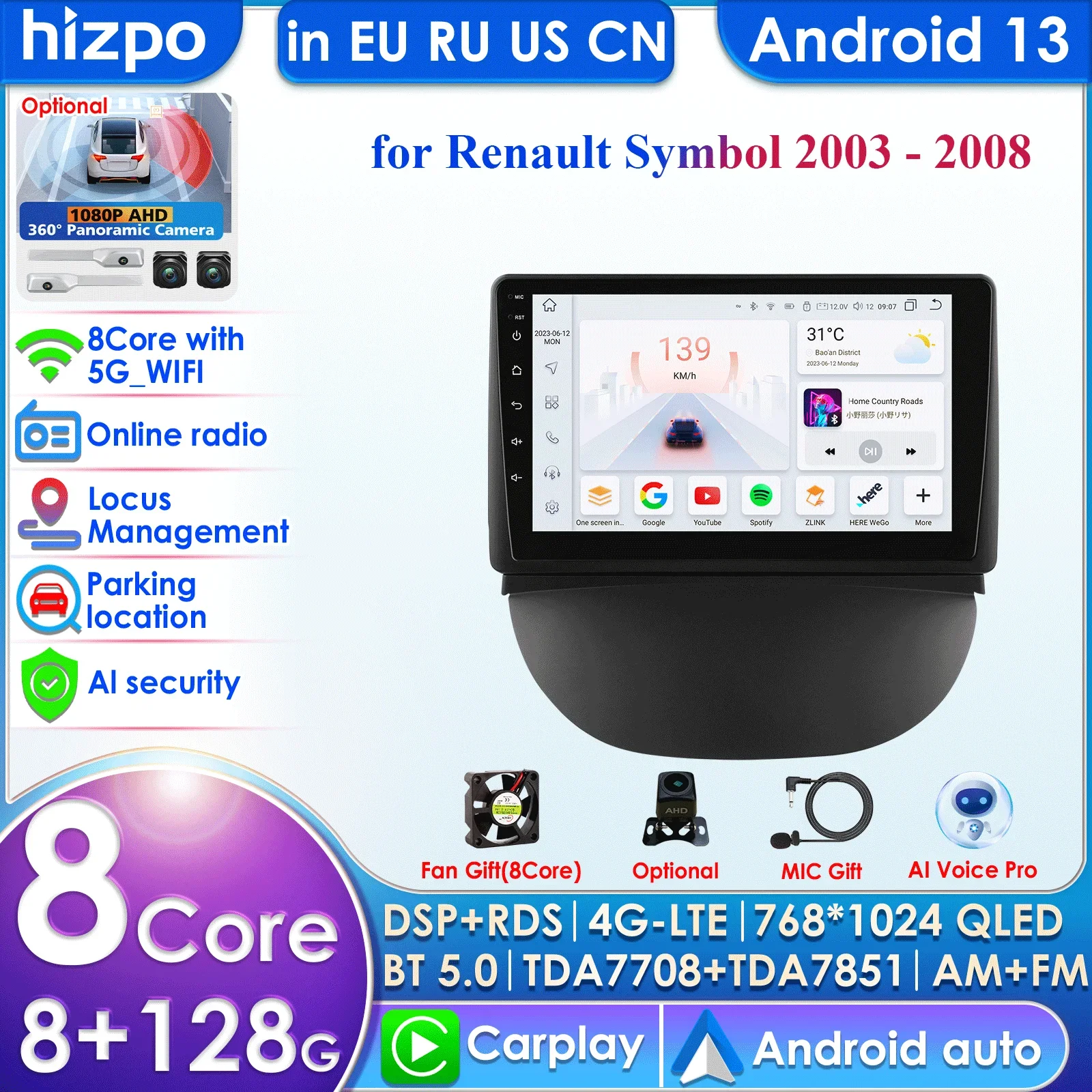 Hizpo Car Intelligent Systems Carplay Android Car Radio for Renault Symbol 2003-2008 Multimedia Video Player WIFI 7862 Autoradio