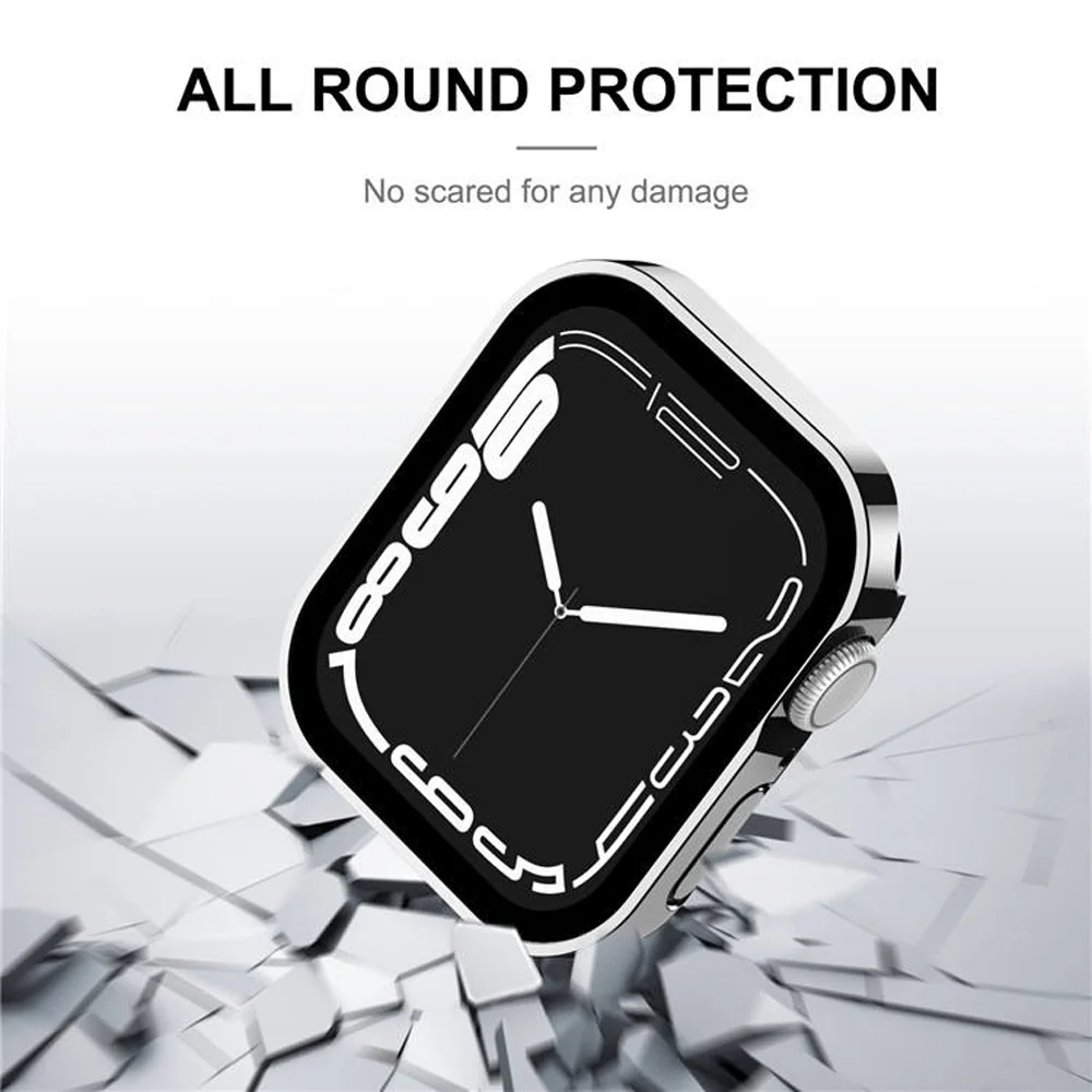 Vidro + capa para apple watch case 49mm 45mm 41mm 44mm 40mm acessórios protetor de tela de borda reta série 9 7 8 se ultra 2 6 5