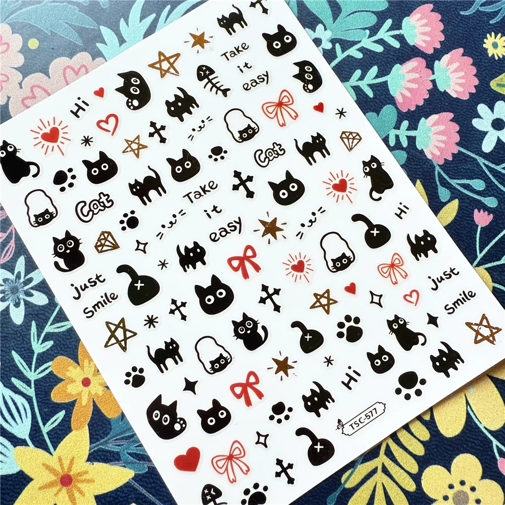 Newest TSC-567 little black cat series 3d nail art stickers decal template diy nail tool decoration