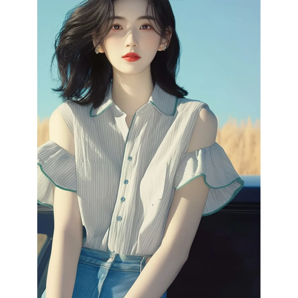 Único hermoso blanco rayas o hombro Bared ort Sve irt novedad de verano Sle Sweet Sle fibra de poliéster 00% Top de mujer