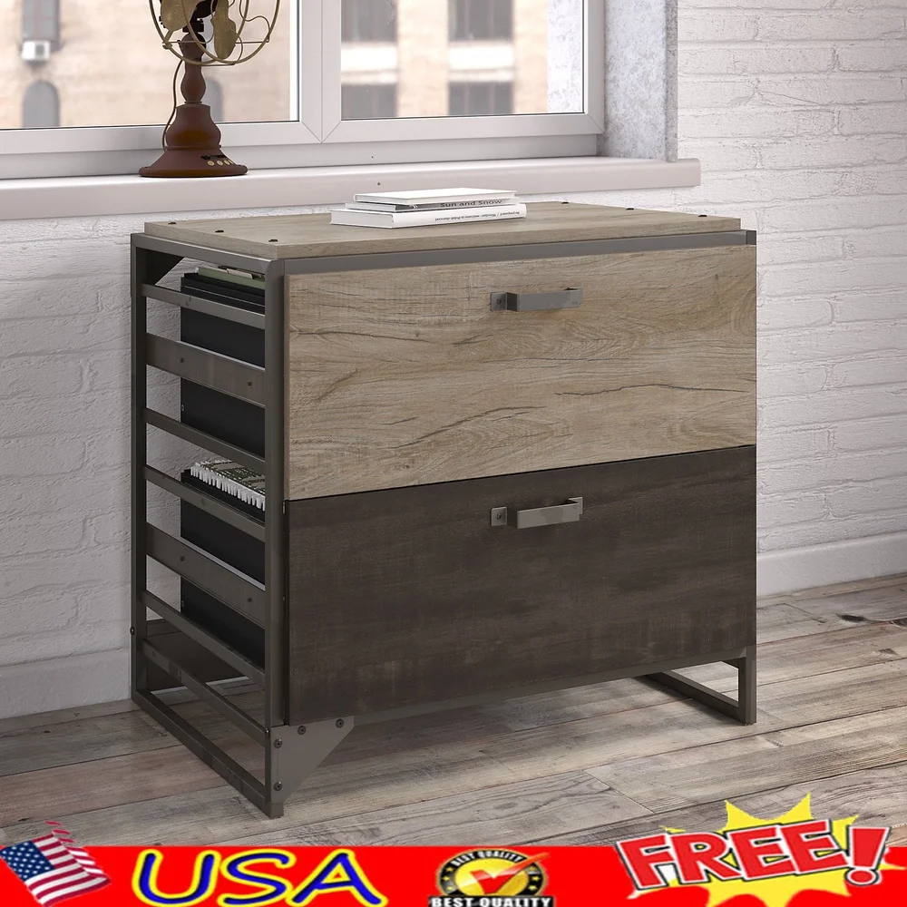 Industrial Lateral File Cabinet Rustic Gray Durable Metal Frame Full-Extension Drawers Letter Legal Storage Home Office Loft