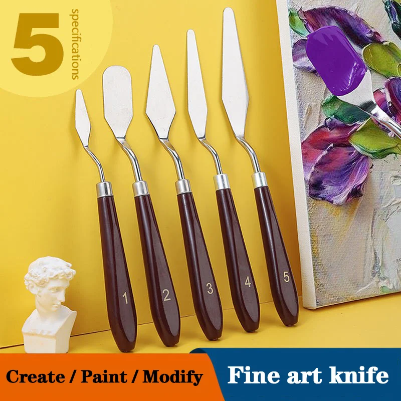 5Pcs/Set Palette Knife Stainless Steel Artist Crafts Oil Painting Supplies Wooden Flat Tip Scraper Utility Stationery Knives