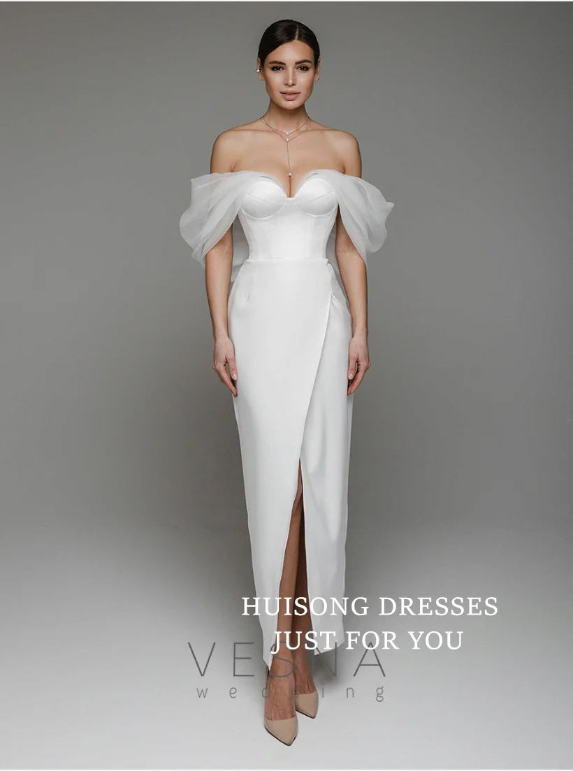 

HUISONG Customized Satin Mermaid Wedding Dresses Sweetheart Off the Shoulder Side Split Beach Bridal Gown свадебное платье