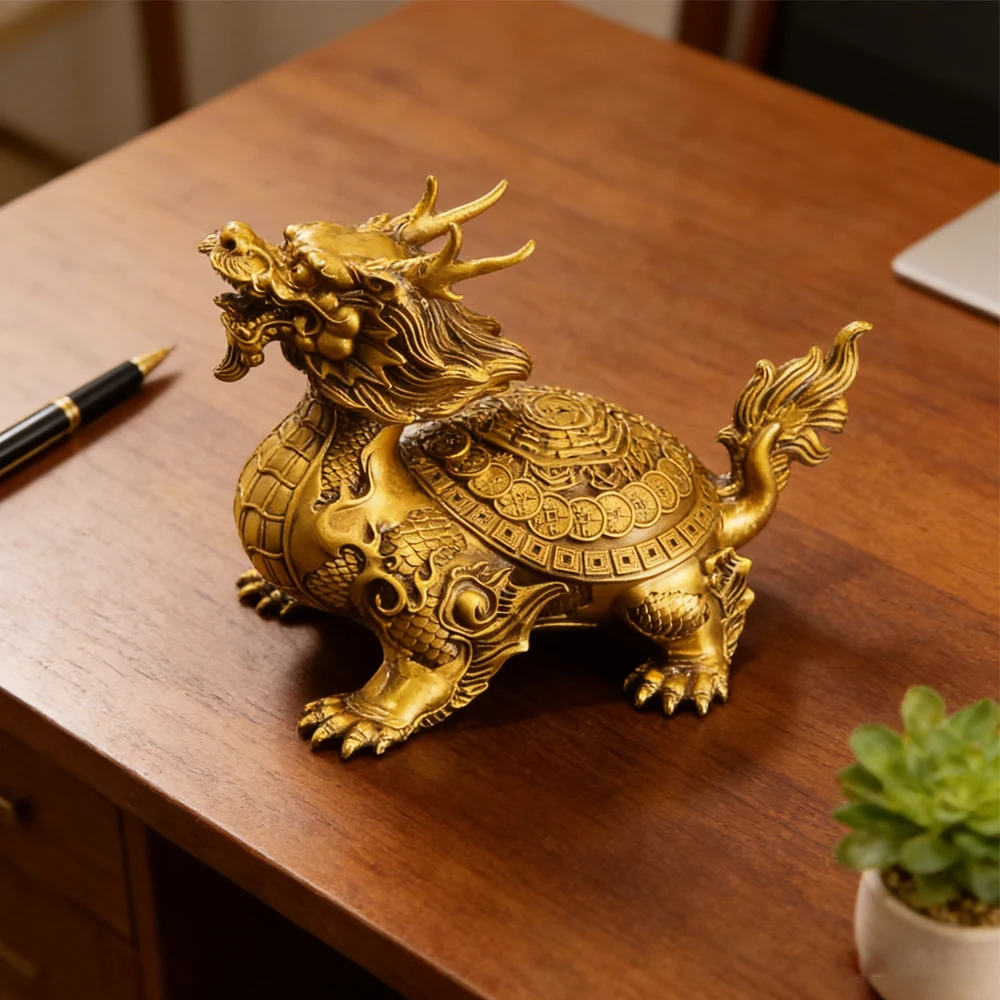 Brass Dragon Tortoise Desk Ornament Desktop Decorative Crafts for Feng Shui Wealth & Protection Home Office Artware Decor Statue view 2
