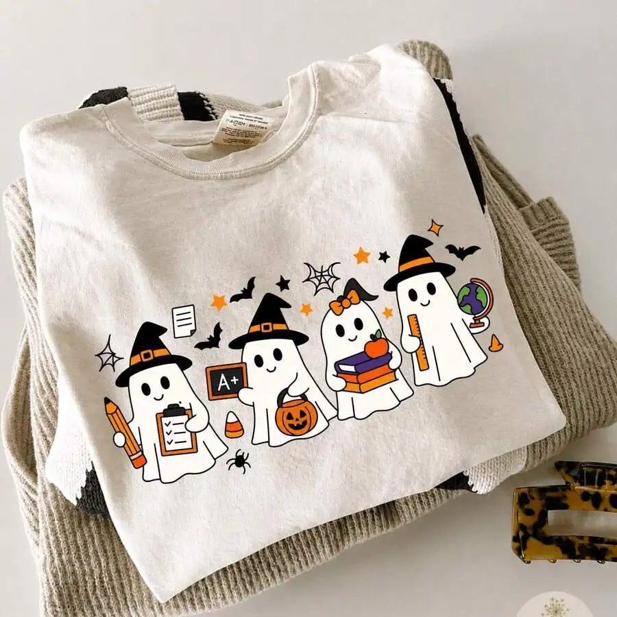 Women's Halloween School Teacher Ghost Preppy Style Graphic Print T‑Shirt Crew Neck Short Sleeve Fall Casual Tee Top