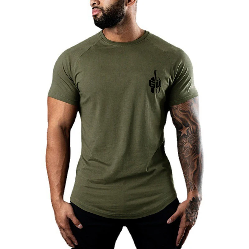 Men Fashion Print Short Sleeve Gym Fitness Muscle Slim Fit O Neck T-shirt Summer Casual Breathable High Quality Cotton Cool Tops