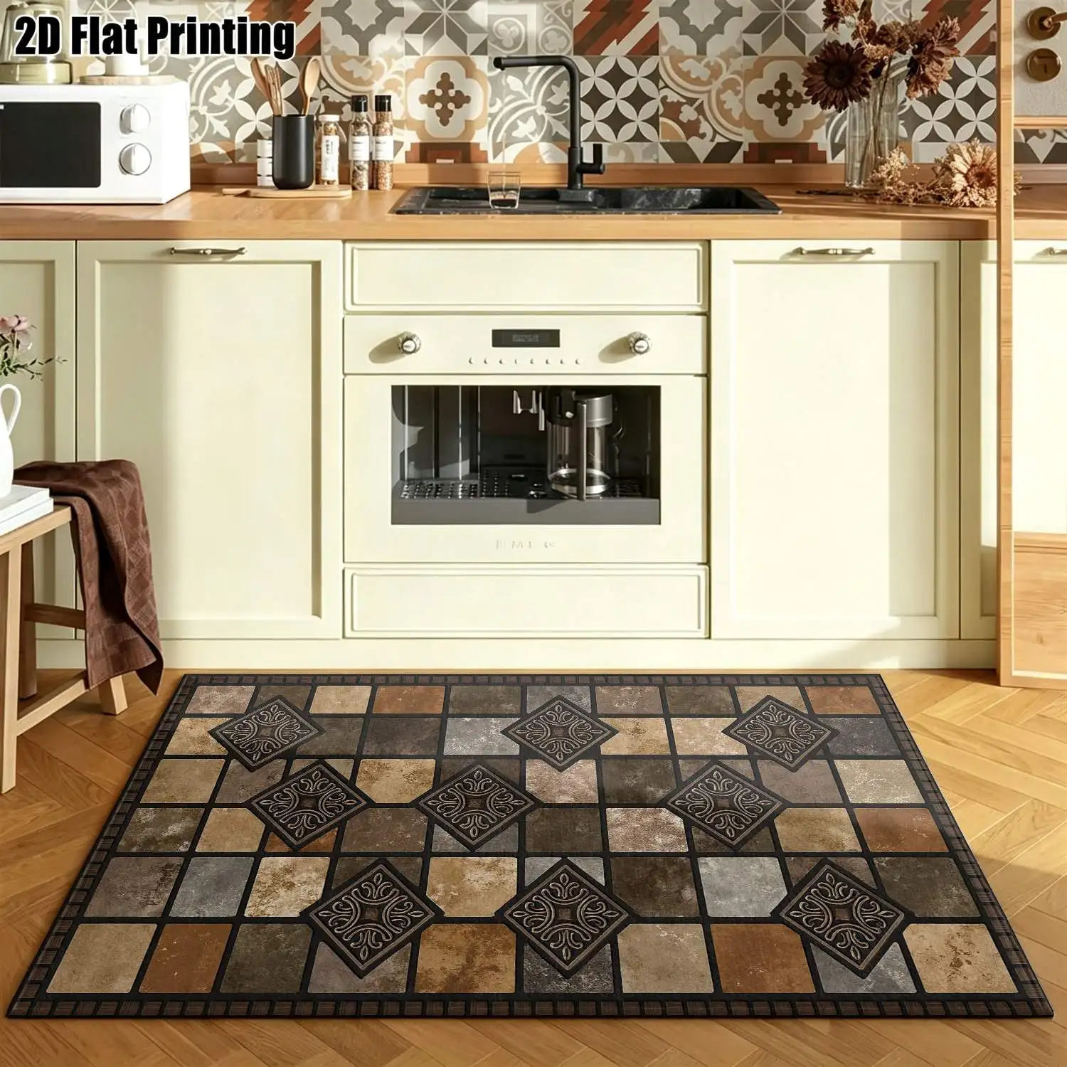 1Pc 2D Printed Retro Brown Geometric Carpets: European Vintage Bohemian Styles, Machine Washable, Multi-Size, for Home Decor, Door Mats, Dining, Bedroom, Living Room