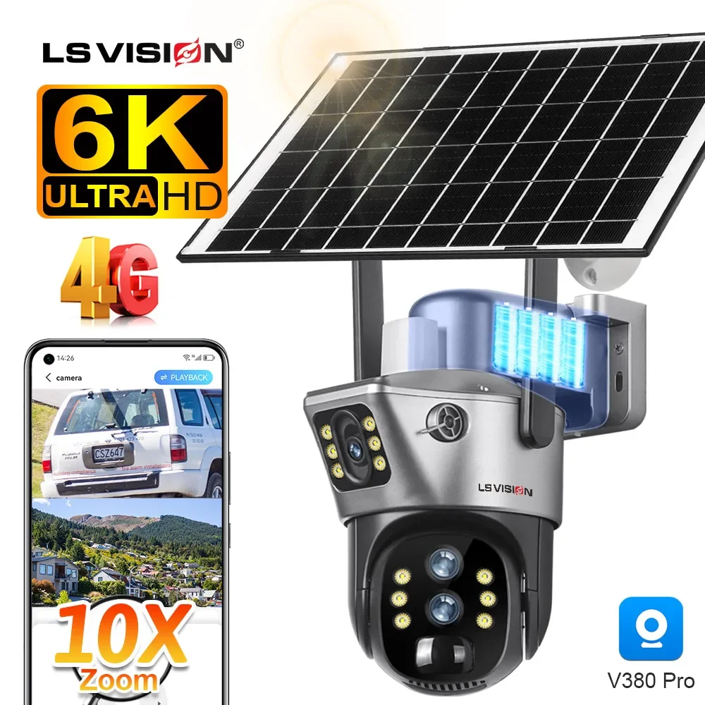 LS VISION 12MP 10X Zoom 4G Sim Dual Screen Solar PTZ Camera Outdoor 6K Three Lens Security Protection Auto Tracking CCTV Cameras