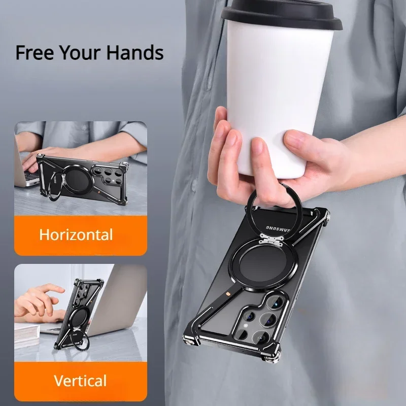 For Samsang Z Fold 6 5 Z Shape Titanium Metal Phone Case for Samsang Galaxy S24 S25 Ultra w/ 360° Magnetic Rotation Holder Case