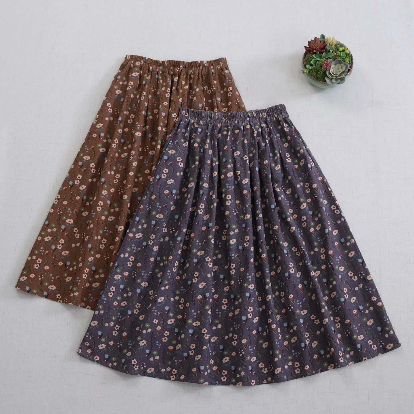 

Японские винтажные хлопковые юбки в стиле Мори с цветочным принтом для женщин, весна-лето, с высокой эластичной талией, повседневные свободные юбки А-силуэта миди