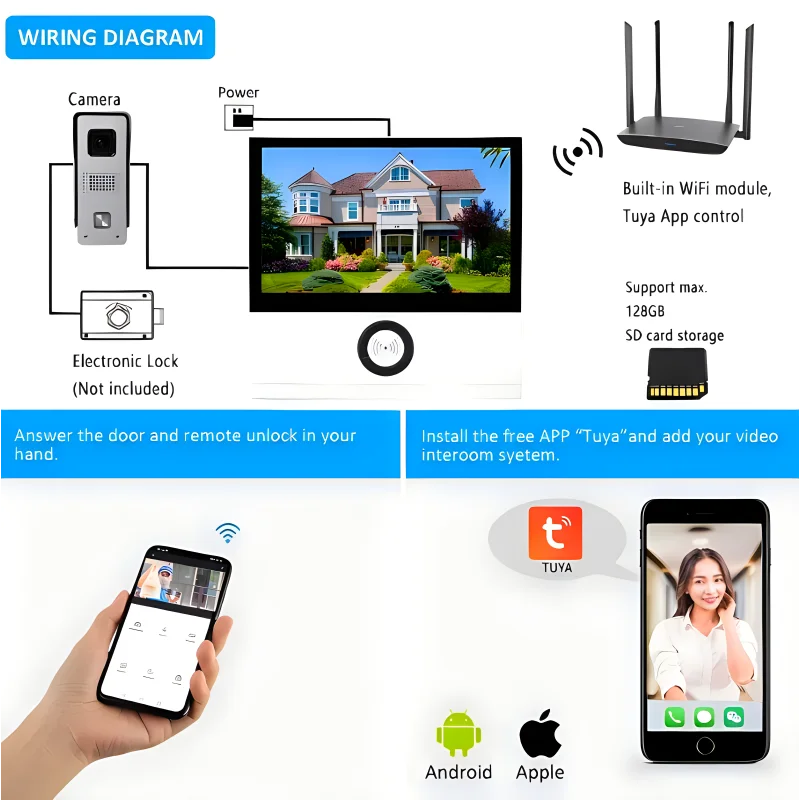 Intercomunicador de vídeo con cable, sistema de intercomunicación con pantalla táctil LCD IPS de 8 pulgadas, portero de apartamento con Monitor, timbre, cámara, Kit de videoportero