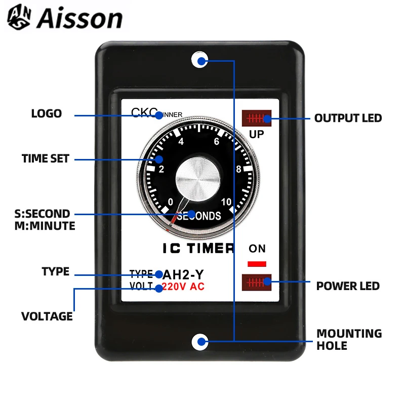 AH2-Y Time Relay AC220V DC24V Power-on Delay Timer DPDT 8Pin with Base 1S 10S 30S 60S 10M 30M 60M