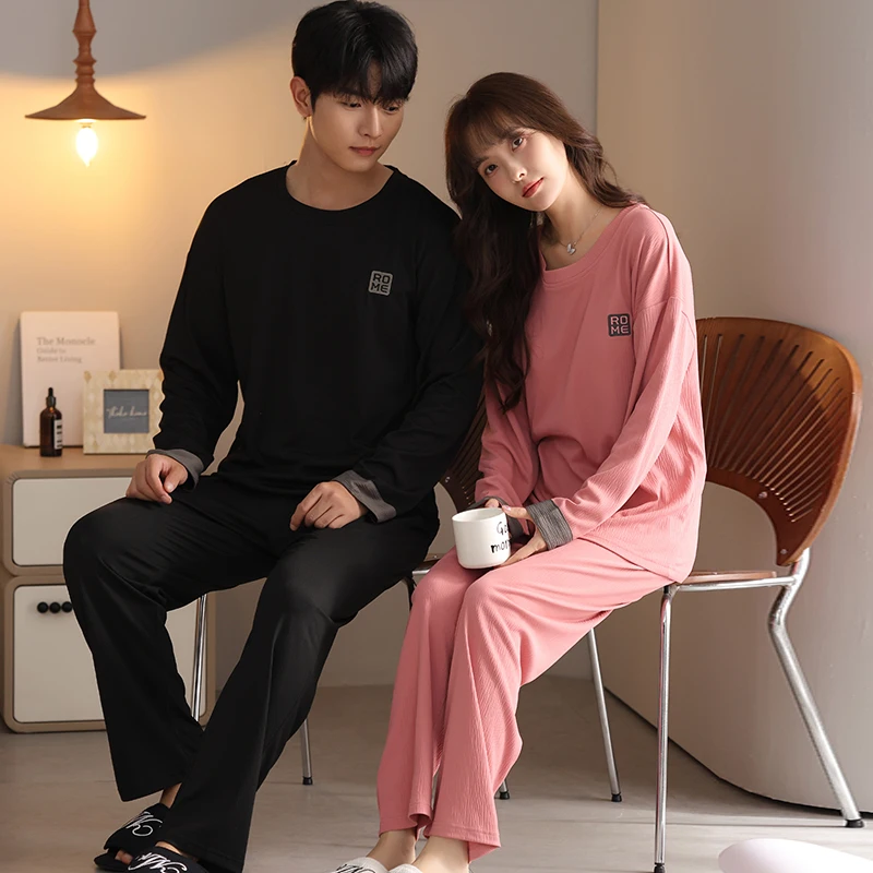 Couple Nightwear Suit Spring Sweet Cute Long Sleeve Pajamas For Male Female Solid Color Homewear Men M-4XL Cotton Pijamas Mujer