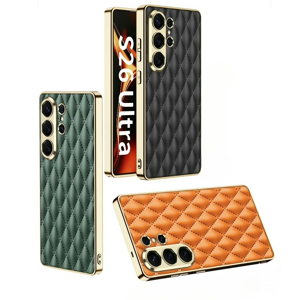 

Чехол для Samsung Galaxy S26 Ultra, ультратонкий, с гальваническим золотым покрытием по краю, матовый, с ромбовидным узором, кожаный, аксессуар