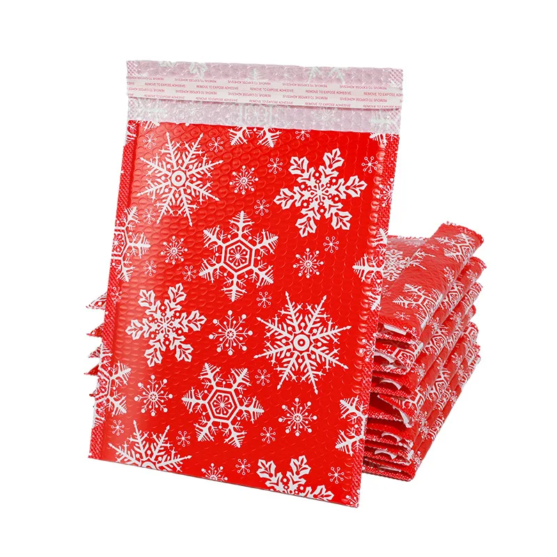 20Pcs 3 Sizes Christmas Gift Bubble Bag Red Plastic Bubble Envelope Snowflake Print Padded Shipping Envelopes Business Supplies