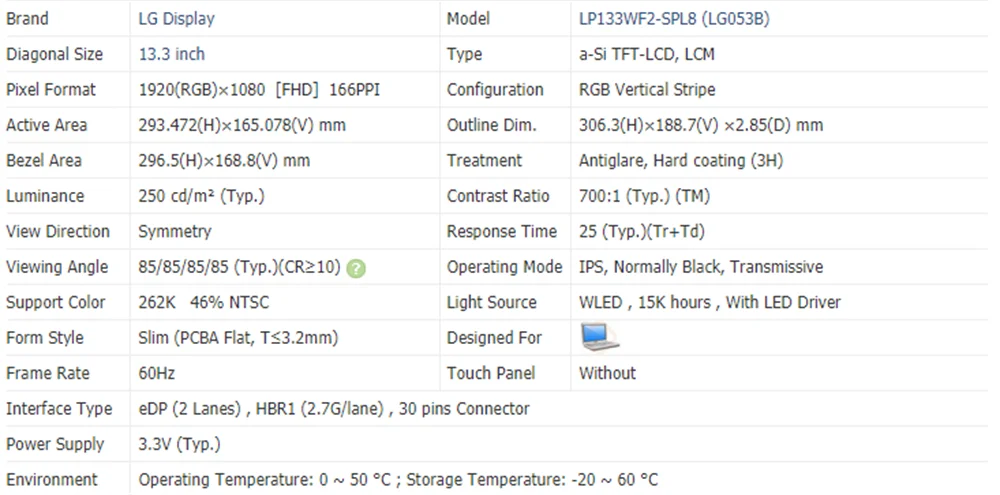 LP133WF2 SPL8 LP133WF2-SPL8 13.3 inch Laptop Screen FHD LED LCD Screen Panel 1920x1080 EDP 30pin 60Hz 262K 46% NTSC