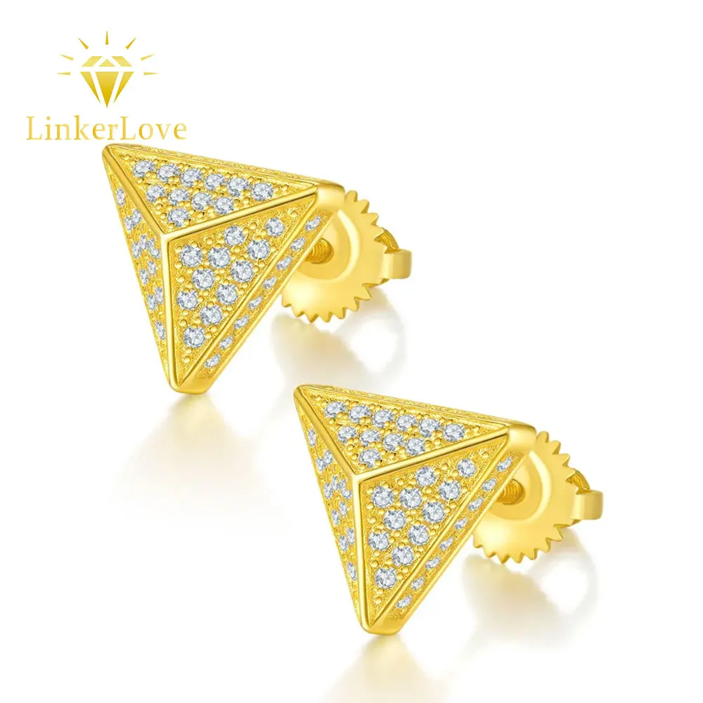

LinkerLove Gold Plated Iced Out Moissanite Triangle Pyramid Stud Earrings for Women 925 Silver 3D Geometric Statement Earrings