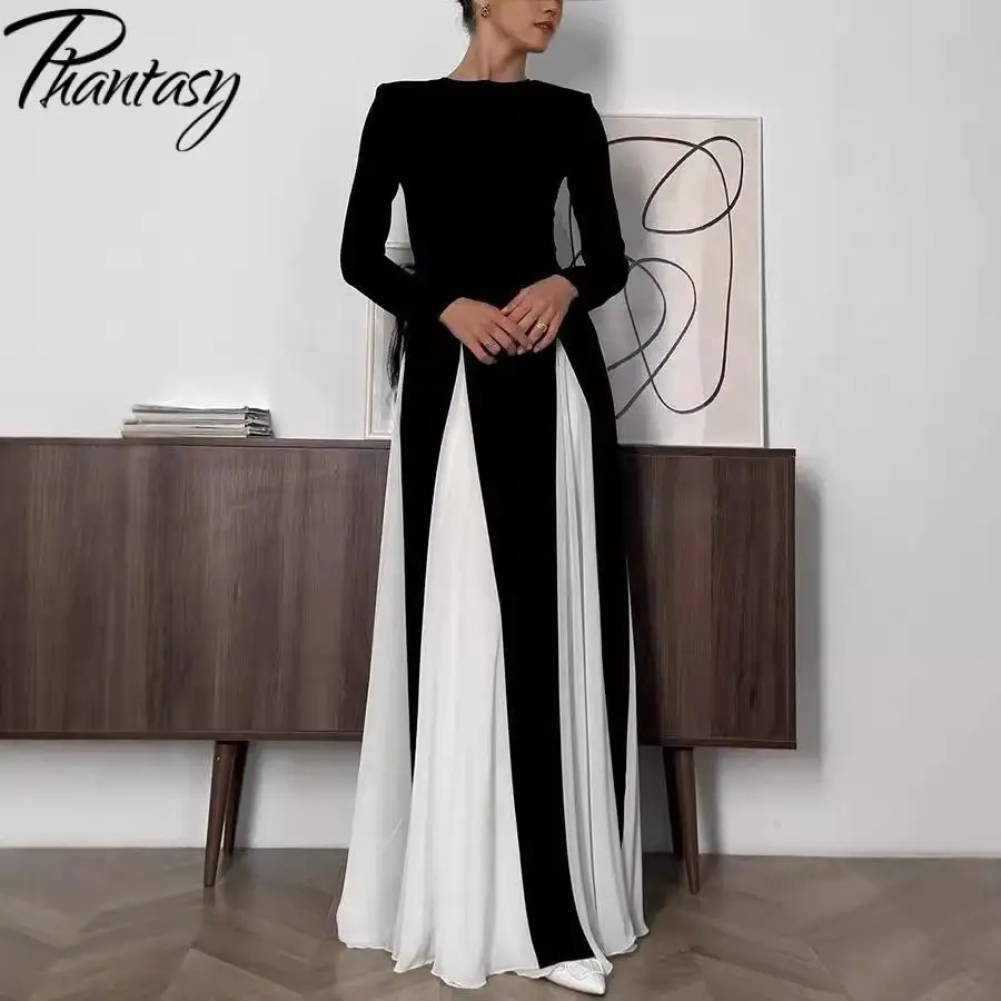 Phantasy Women Dress Long Sleevd Wedding Gown Party Banquet Dress Fashion Black White Stitching Robe Autumn Winter Female Dress