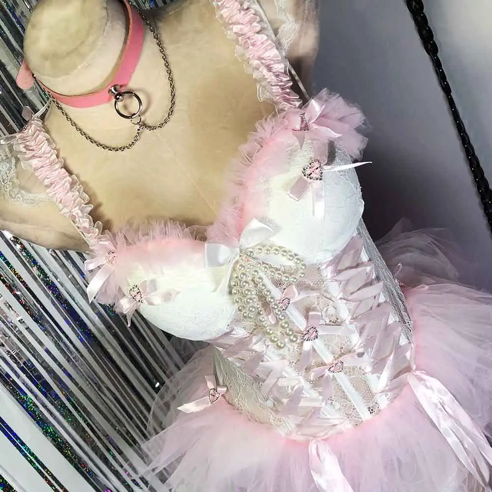 Sukienka gotycka Kokarda Vintage Lata 90. Eco Punk Rock Nastolatki E-Girls Ręcznie Robione Y2K TOPY Emo Digital Kawaii Harajuku Goth DIY Grunge