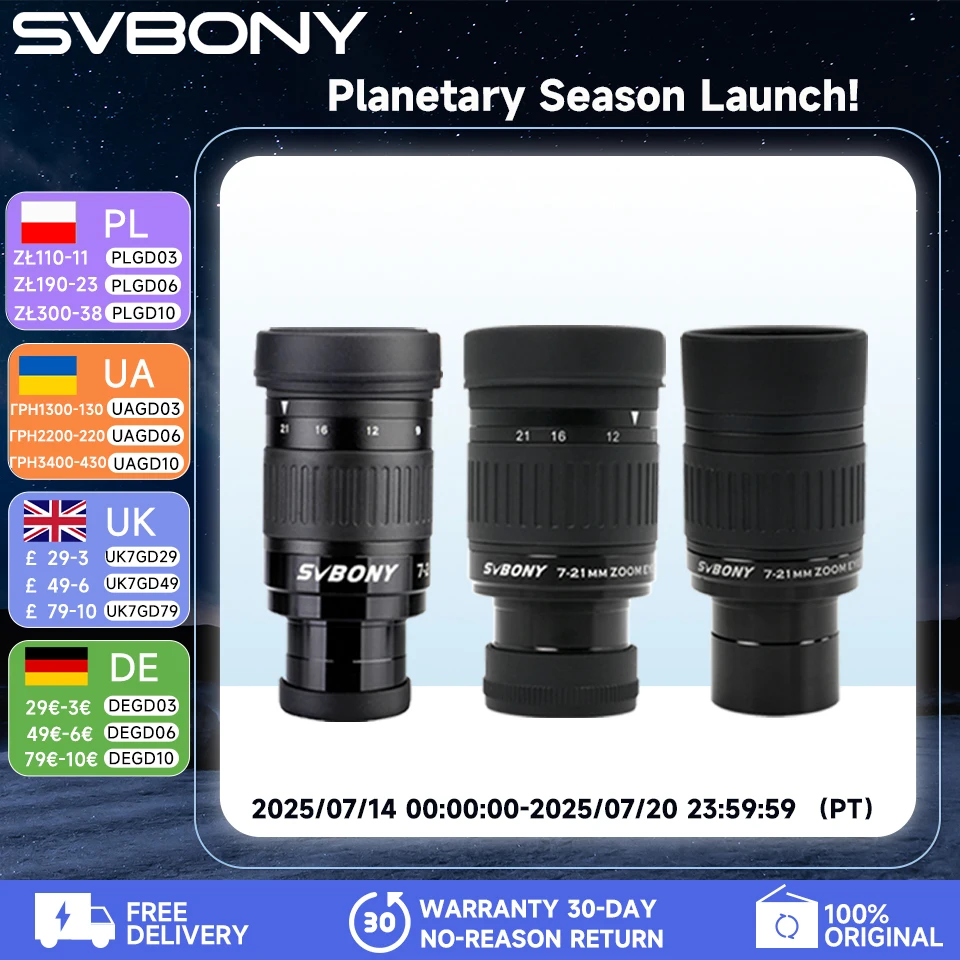 

Svbony SV135 1.25" 7mm to 21mm Zoom Eyepiece Fully multi-Coated Optical Design Zoom Eyepieces for Eyeglass Wearers