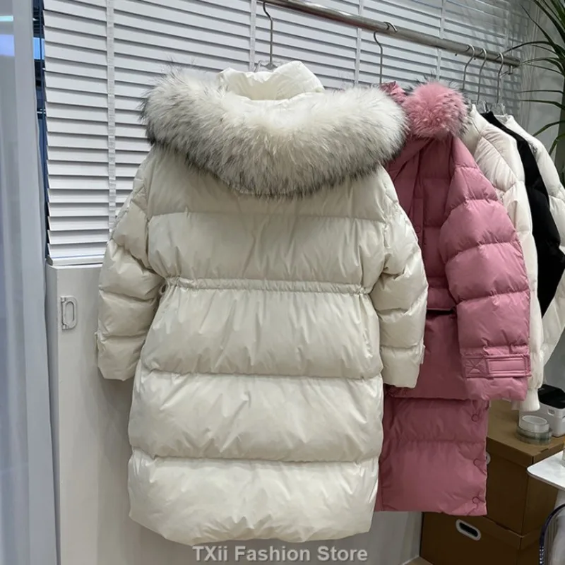 TXii New 2023 Big Real Raccoon Fur Hooded Duck Down Coat Waterproof Winter Women\'s Long Puffer Jacket Female Rain Feather Parkas