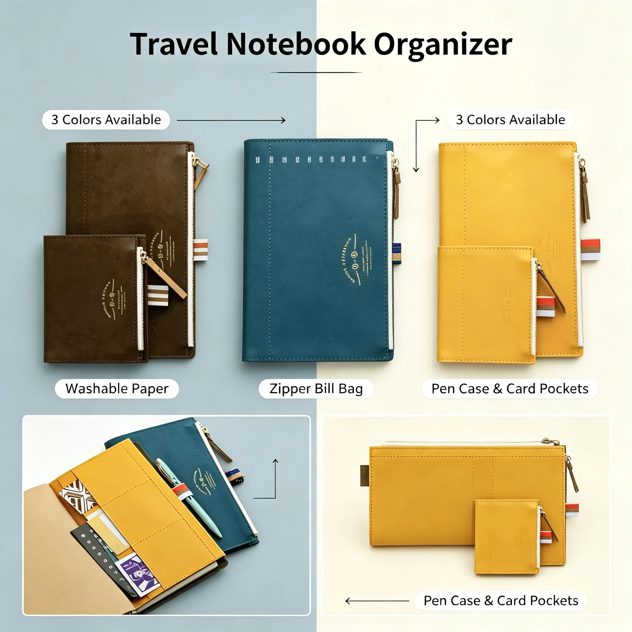 3 Color Options Washable Special Paper Notebook, Travel Hand Journal Equipped with Zipper Bill Storage Bag, Stationery Pen Holde