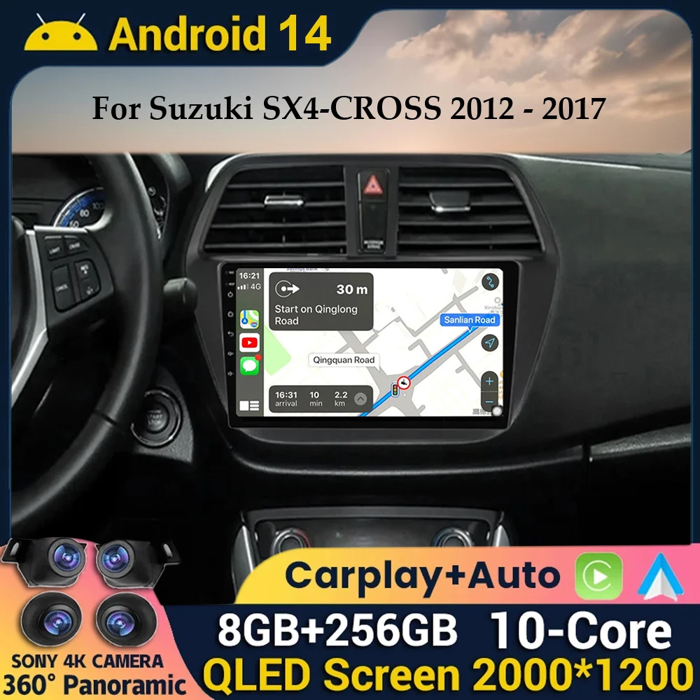 Android 14 Carplay Car Radio For Suzuki SX4-CROSS 2012-2014 2015 2016 2017 Navi GPS Stereo Multimedia Video Player 360 Camera BT