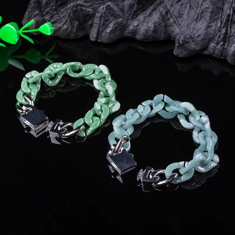 

Natural Emerald Burmese Jade Blue Water Cuban Link Chain Bracelet Hand Woven Amulets Charm Fashion Jewelry Gift for Men Women