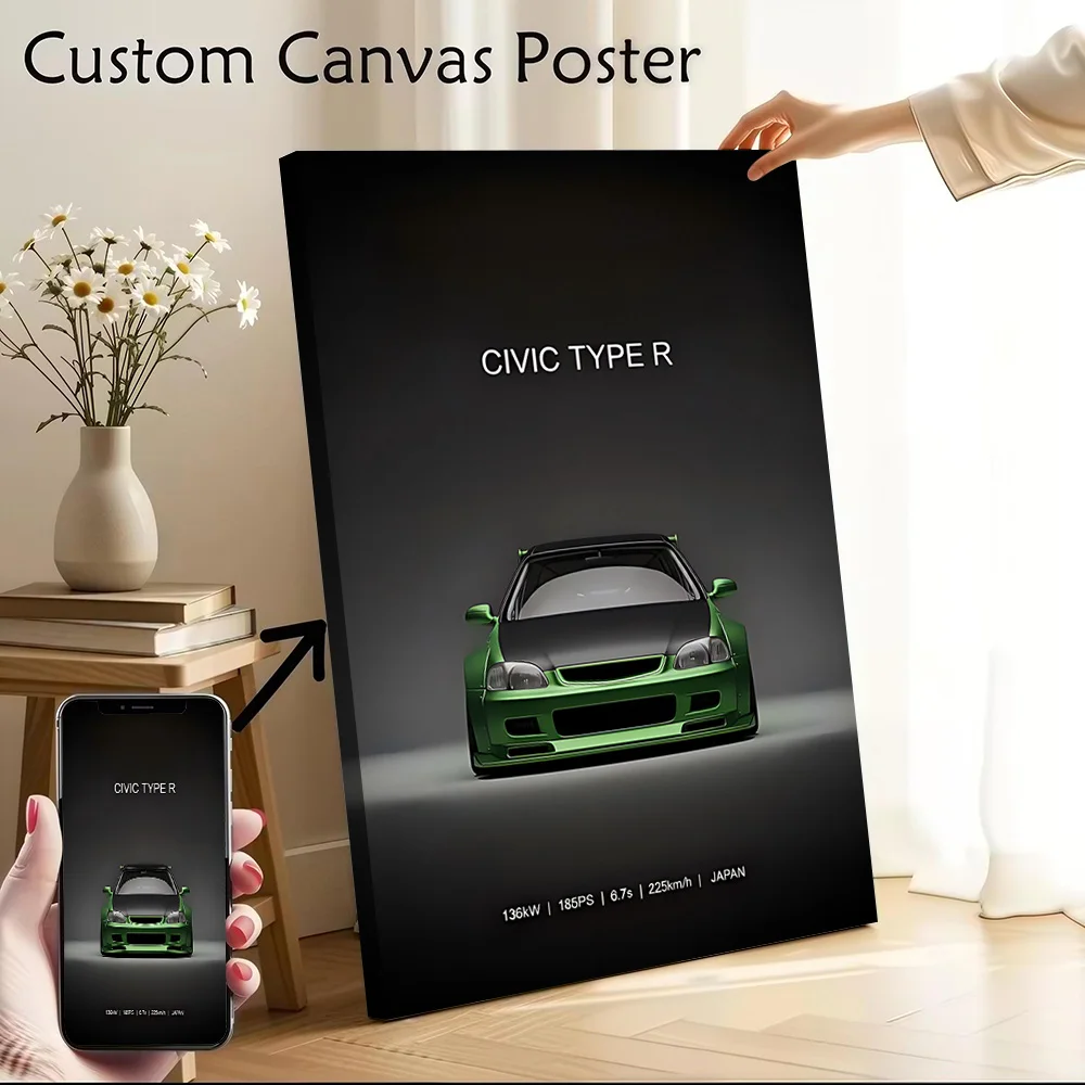 Green Japanese Car Civic R Canvas Poster Customizable Printed Canvas Painting Wall Art for Fans Wand Deko Room Ornaments Arts