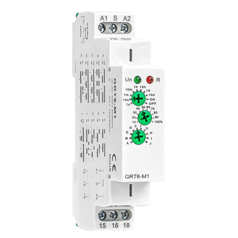 GRT6-M1 Programmable Delay Timer Relay Multifunction 10 Timing Modes 0.1s-10d Range LED Indicator DIN Rail Mount Gray