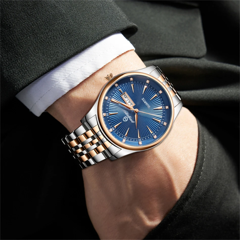 PENGAGAR موضة رجال الأعمال الساعات مقاوم للماء مضيئة تاريخ وأسبوع الفولاذ المقاوم للصدأ ساعة رجالية كوارتز رائعة ساعة اليد الذكور