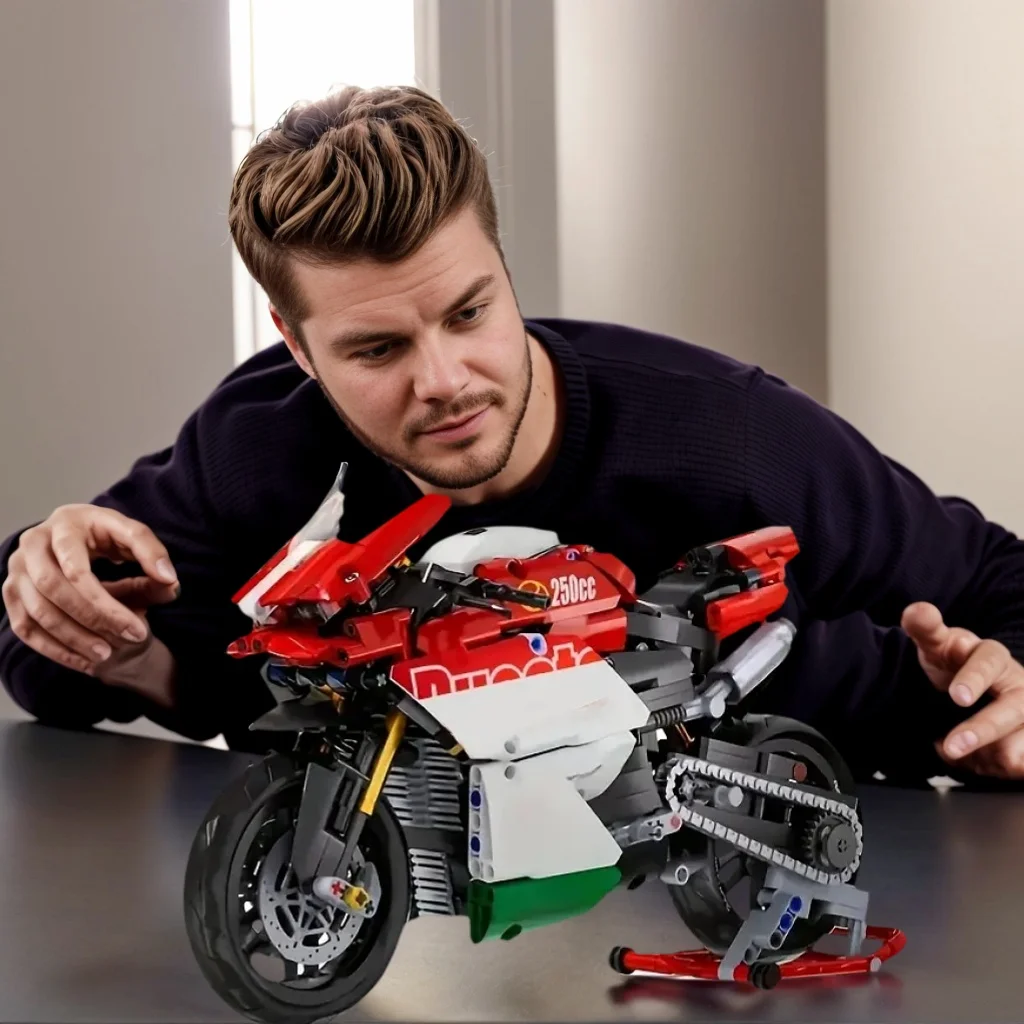 

Ультрадетализированные красно-белые сборные блоки для мотоциклов, коллекционный мотоцикл, идеальный подарок на Рождество для взрослых.