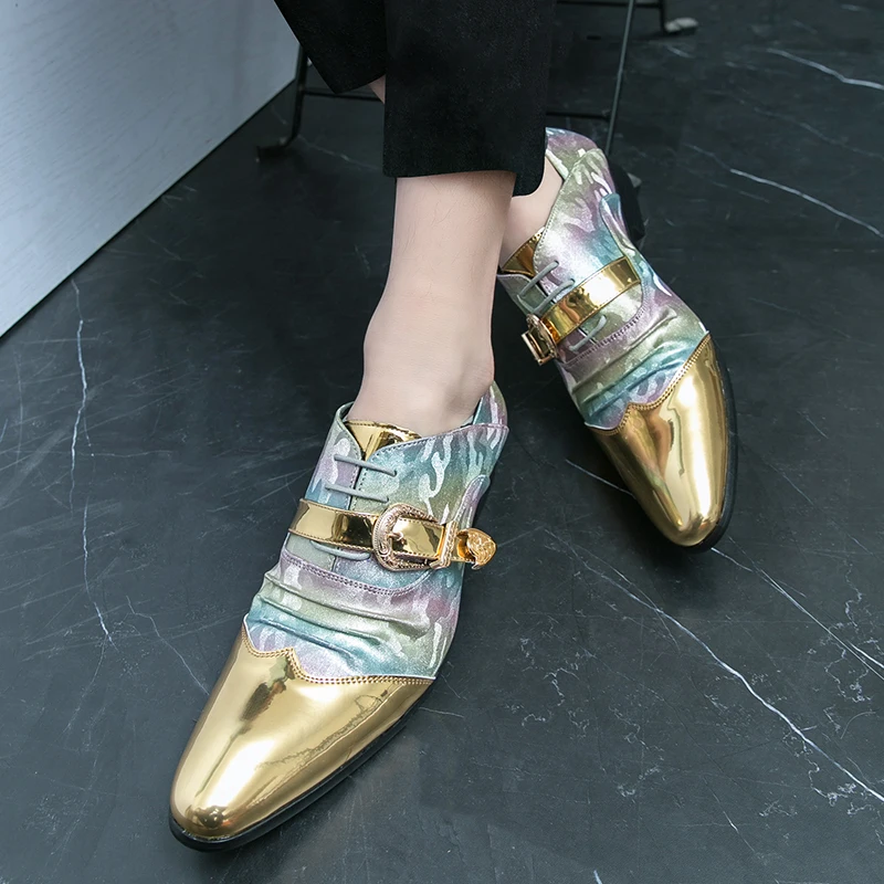 

New 46 47 big size pointy buckle gold Chelsea luxury show trend fashion all matching hair stylist men's leather shoes tide