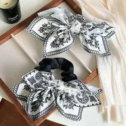 Vintage Print Large Bow Scrunchies Hair Claw Clip Fashion Bow Tie Hair Loop Double Sided Shark Clip Women Headdress Accessories