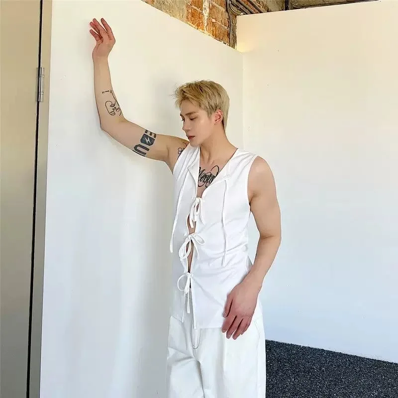 Men Summer Ins Chic Shirts Tops Vest Camis Male Trendy Drawstring Closure Blouse Tees T Shirts Handsome Cool Hot Bad Boy Tops