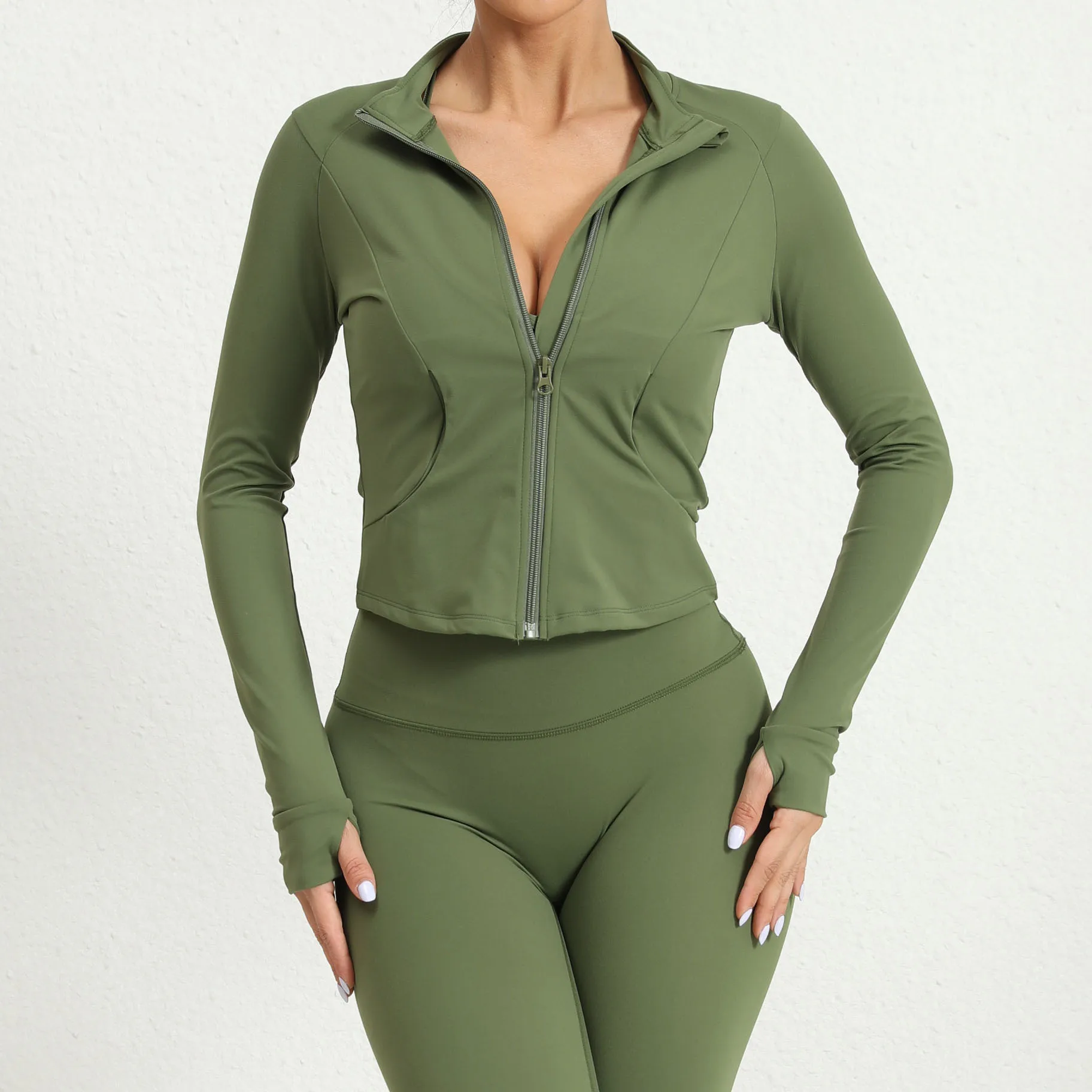 Chaqueta con cremallera para mujer, Tops cortos, camisas de Yoga, Top deportivo liso, camisas ajustadas de manga larga para correr, ropa deportiva cálida para invierno para gimnasio y Fitness