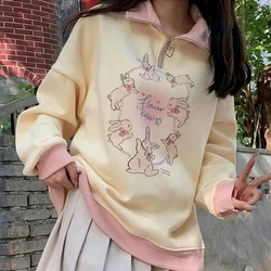 Y2K Vintage Cartoon Rabbit Bunny Preppy Pullover Half Zipper POLO Collar Sweatshirt Harajuku Kawaii Girls Thicken Winter Clothes